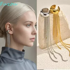 Vòng đeo tai hình chữ C FUJIOU, Kẹp tai hình chữ C vàng 18K bằng thép không gỉ, Bông tai dày màu vàng Punk không xỏ khuyên