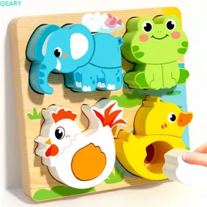 QEARY Khối thay đổi khuôn mặt bằng gỗ, Đồ chơi xếp hình động vật 3D 4 trong 1 nhận thức, Đồ chơi cảm biến Montessori Tương tác Hình dạng di động phù hợp Trò chơi huấn luyện tư duy