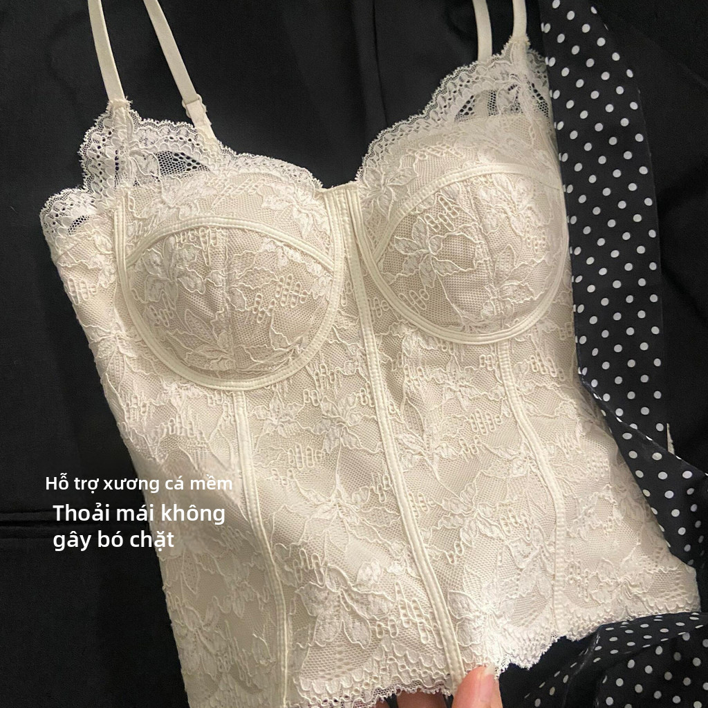 Áo Vest ren kiểu Pháp | Đi kèm với miếng đệm ngực Áo ngực dễ thương Áo ngực đẹp lưng Sling Ngắn mỏng hơn Nhìn mỏng hơn Cốc cố định Chống chói Tinh khiết Desire Phong cách Mặc hẹn hò Hàn Quốc Bên ngoài bên trong Hai
