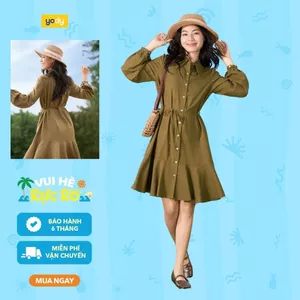 Váy liền cổ đức đai eo xòe tâng vải sợi sồi mềm mịn như lụa WCDR25S017