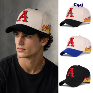 Mũ Bóng Chày CQCJ, Ngọn Lửa Chữ Đỏ Một Thêu Bố Nón, Vintage Có Thể Điều Chỉnh Cotton Hip-hop Sun Hat Dành Cho Nam Nữ