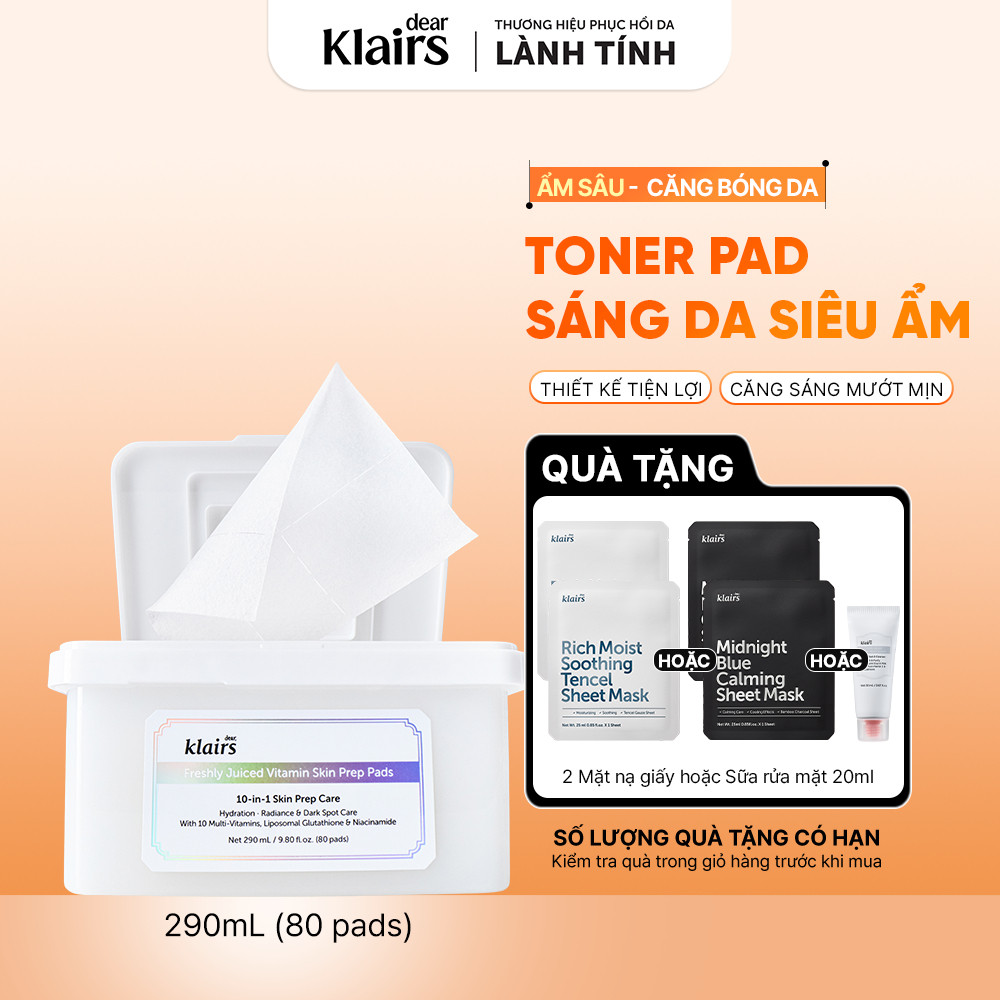 Mặt nạ giấy Dear, Klairs Freshly Vitamin Skin Prep Pads hỗ trợ sáng da, mờ thâm 290ml [FS]