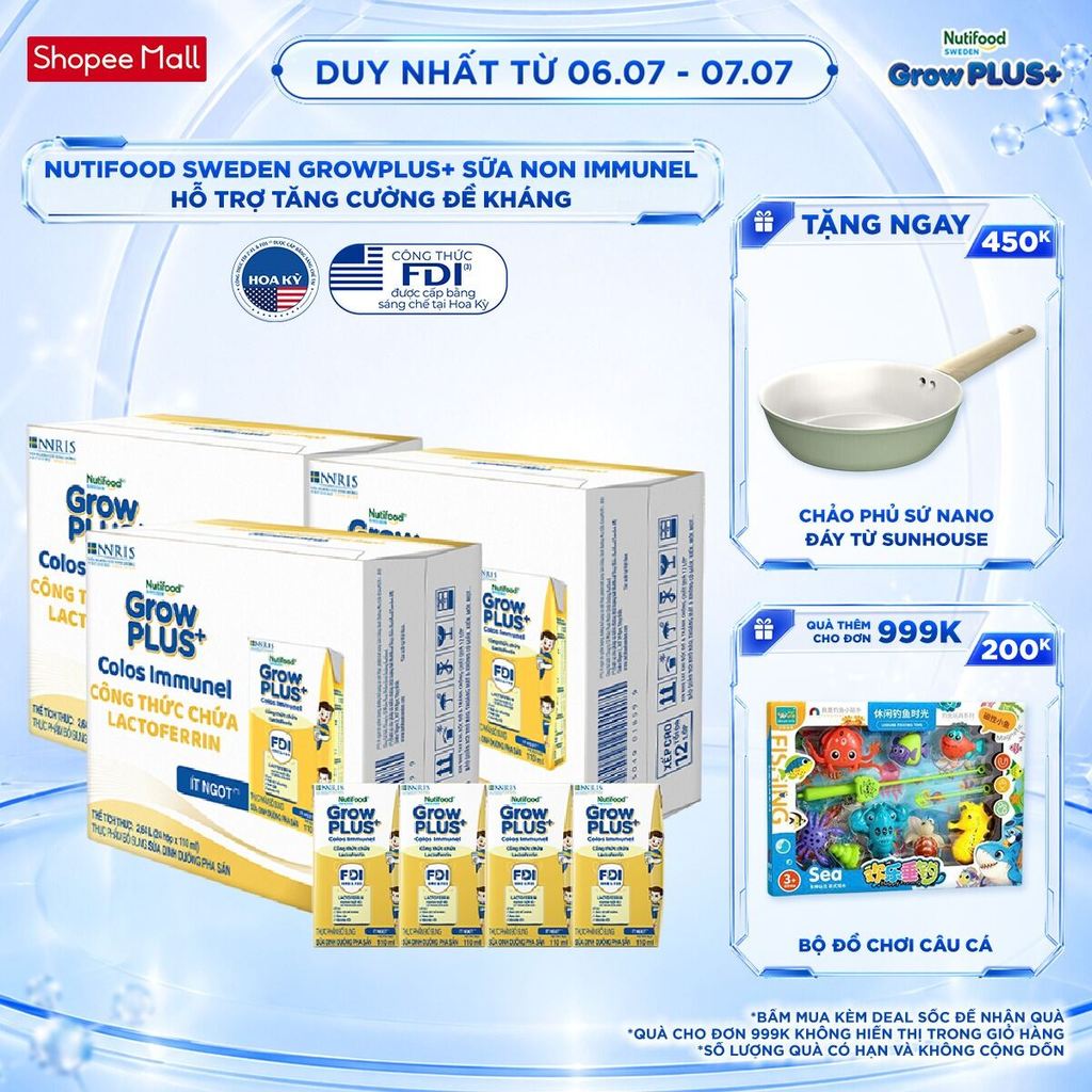 Combo 3 thùng 24 hộp Sữa Bột Pha Sẵn Nutifood Sweden GrowPLUS+ Sữa Non Immunel 110 ml (Bao bì tuỳ lô hàng)