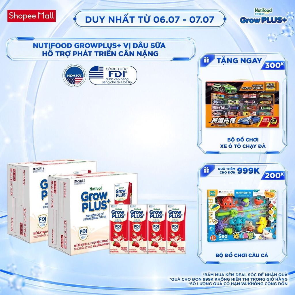 Combo 2 Thùng 24 hộp Sữa bột pha sẵn Nutifood GrowPLUS+ Vị Dâu Sữa hộp 180ml - Trên 1 tuổi