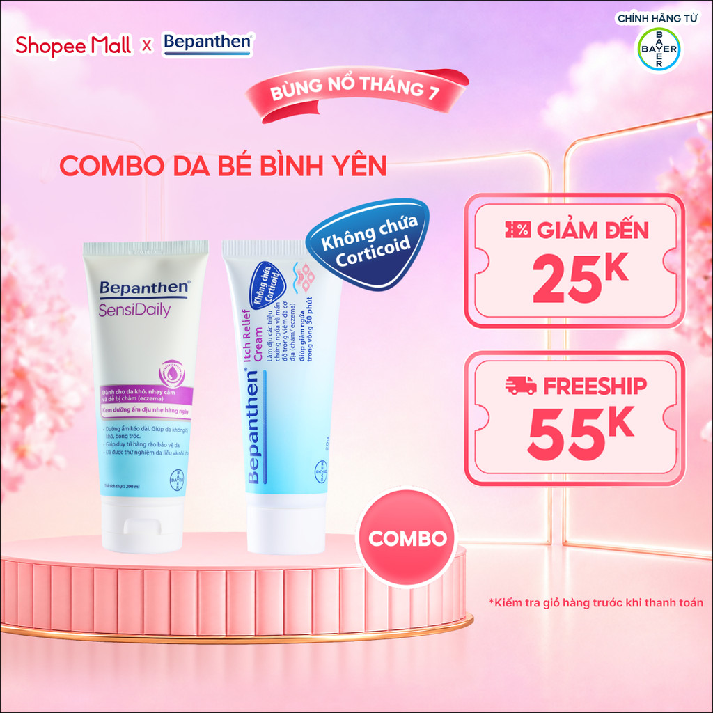 Combo Làn Da Bé Bình Yên: Kem Giảm Ngứa Bepanthen Itch Relief 20G/Tuýp + Kem Dưỡng Ẩm Bepanthen Sensidaily Tuýp 200G
