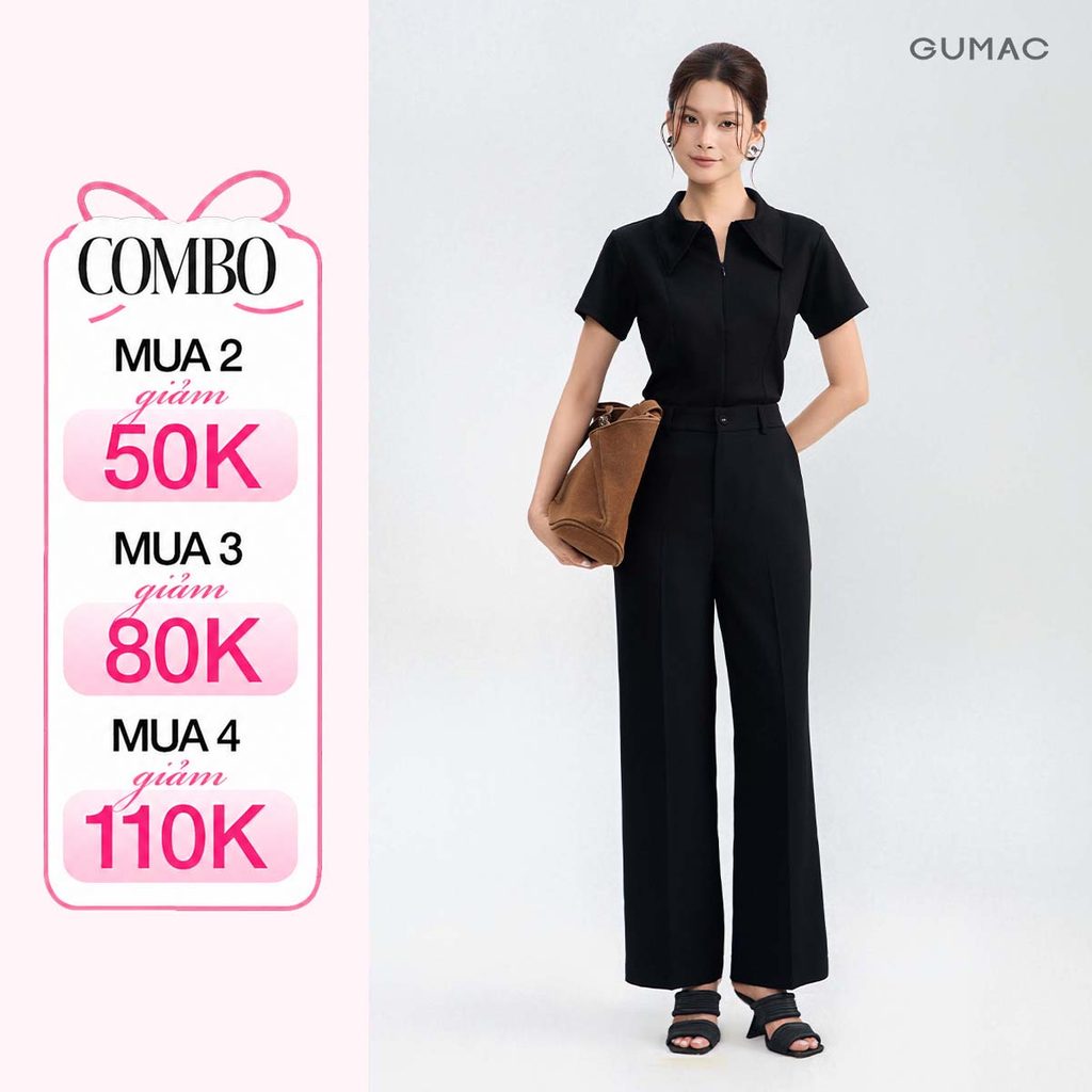 Quần Tây Ống Suông Nữ GUMAC Cơ Bản Túi Xéo Diễu Chỉ Gài Nút Bọc Chất Cotton Silk Mềm Mát Thoải Mái QG05055
