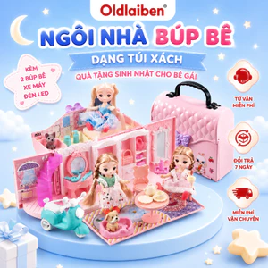 Oldlaiben - Ngôi Nhà Búp Bê Thiết Kế Dạng Túi Xách,kèm 2 Búp Bê Tặng Xe Máy + Dải đèn LED, Quà Tặng Sinh Nhật Cho Bé Gái