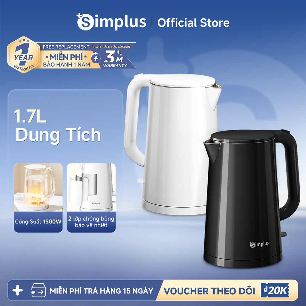 Simplus Ấm Đun Nước Dung Tích 1.7L Công Suất 1500W 2 Lớp Chống Bỏng DRSH007 - Bảo Hành 1 Năm 1 Đổi 1
