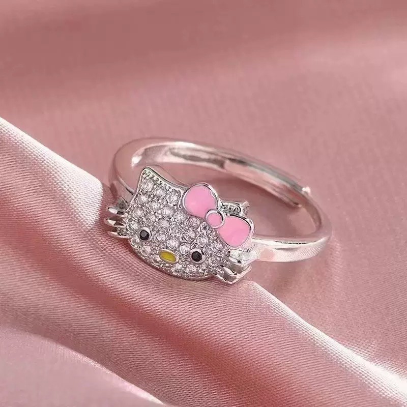 Hello Kitty Full Kim Cương Mở Nhẫn Nữ Đồng Trắng Mạ Điện Bạch Kim Hoạt Hình Dễ Thương Nhẫn Niche Cô Gái Phong Cách Tặng Trang Sức