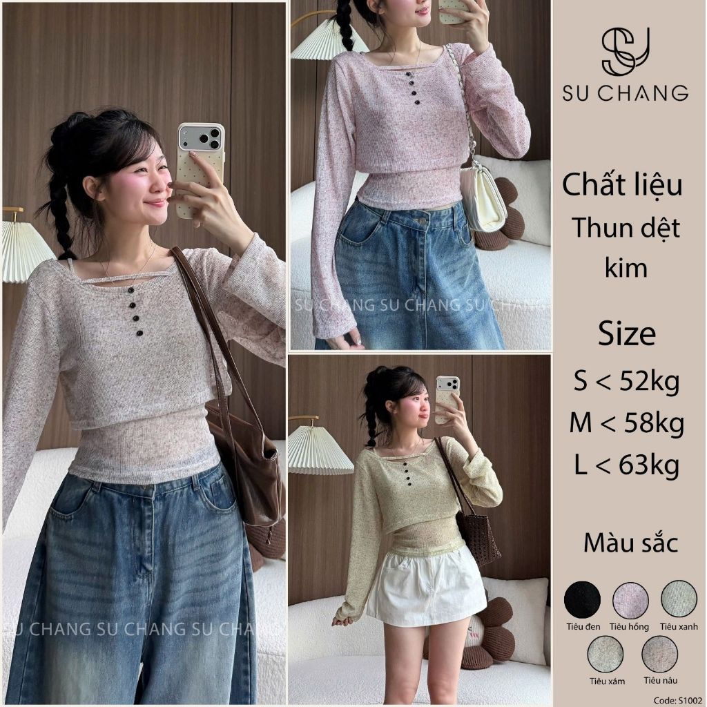 Set Áo Dệt Kim Tiêu Croptop Dài Tay Kèm Áo 2 Dây S1002 Su Chang
