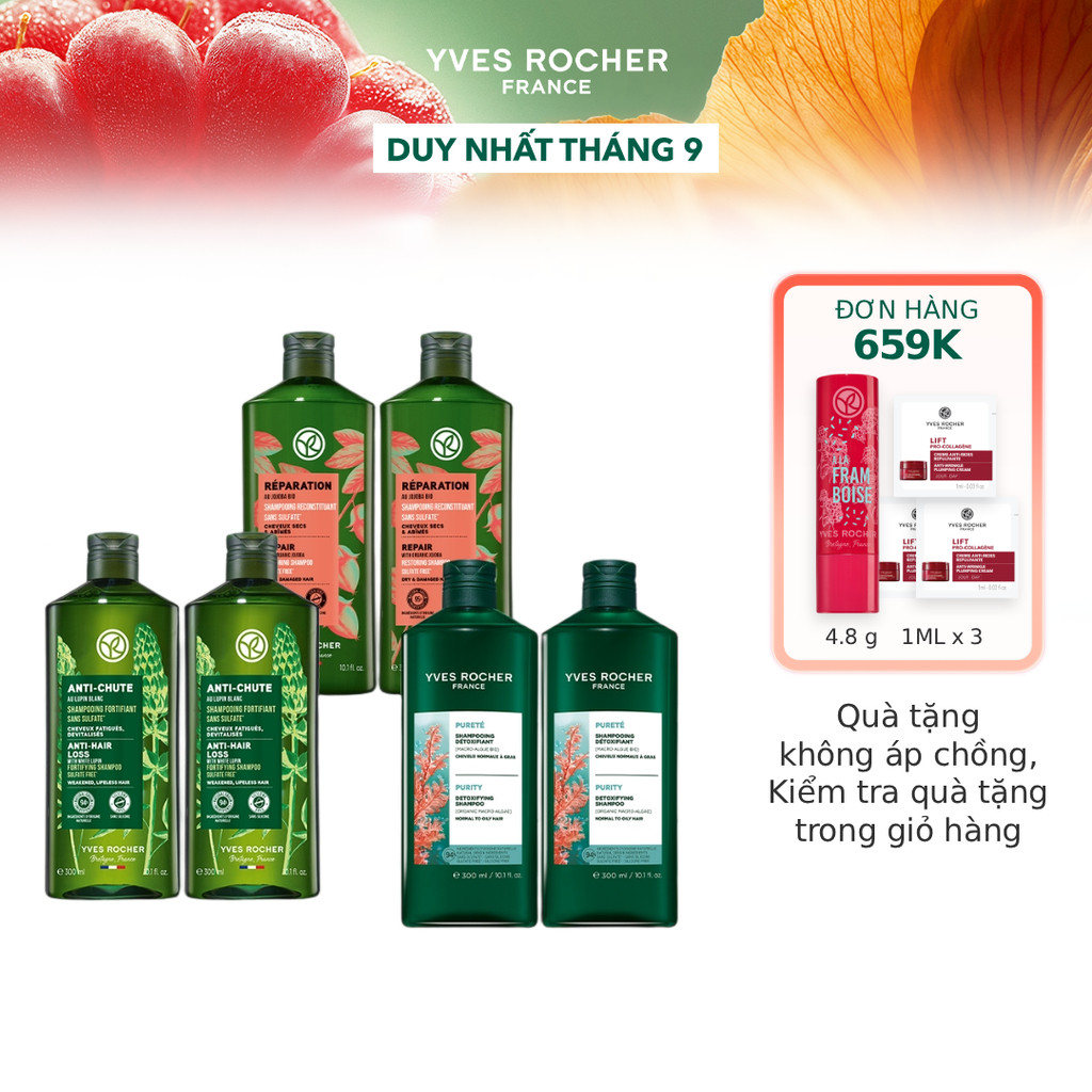 Combo 2 dầu gội thiên nhiên không Sulfate không Silicone Yves Rocher 300mlx2 (nhiều phân loại)