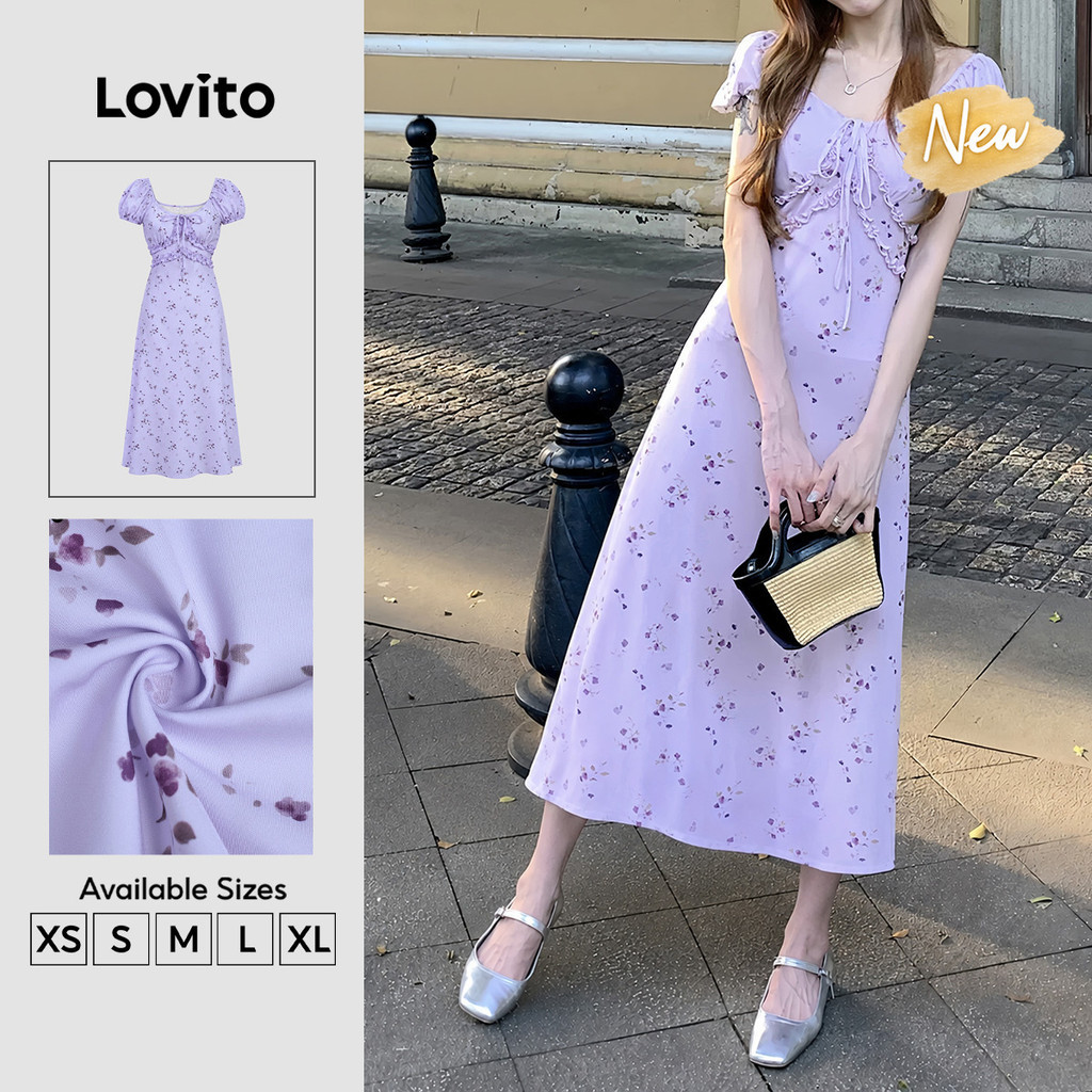 (New Arrival) Lovito Váy Dài Xòe Chữ a Mùa Xuân Hè Màu Tím Thiết Kế Dây Ruffle Hoa Nhí Casual Dành Cho Cuối Tuần Cho Nữ DRB206TD228