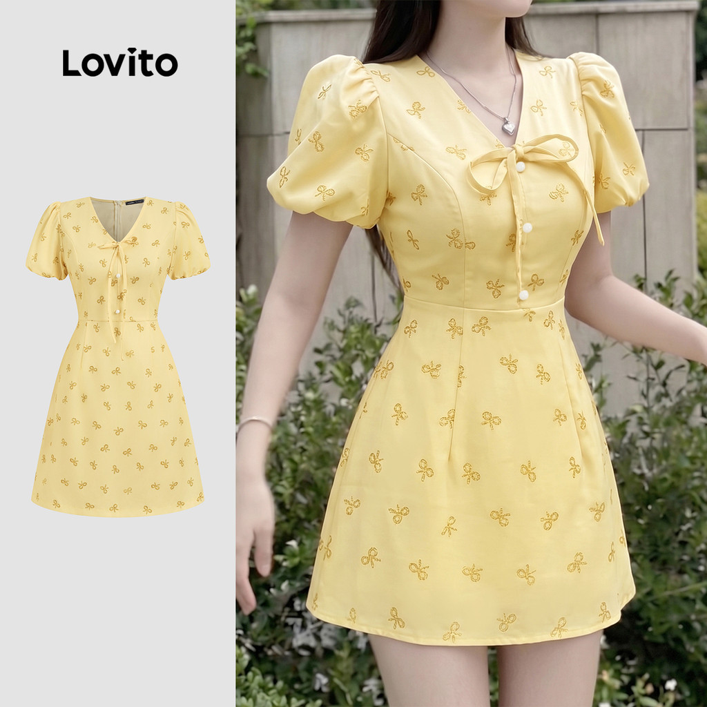 Lovito Đầm phong cách thường ngày phối nơ có nút mùa xuân/hè màu vàng cho nữ L198ED068