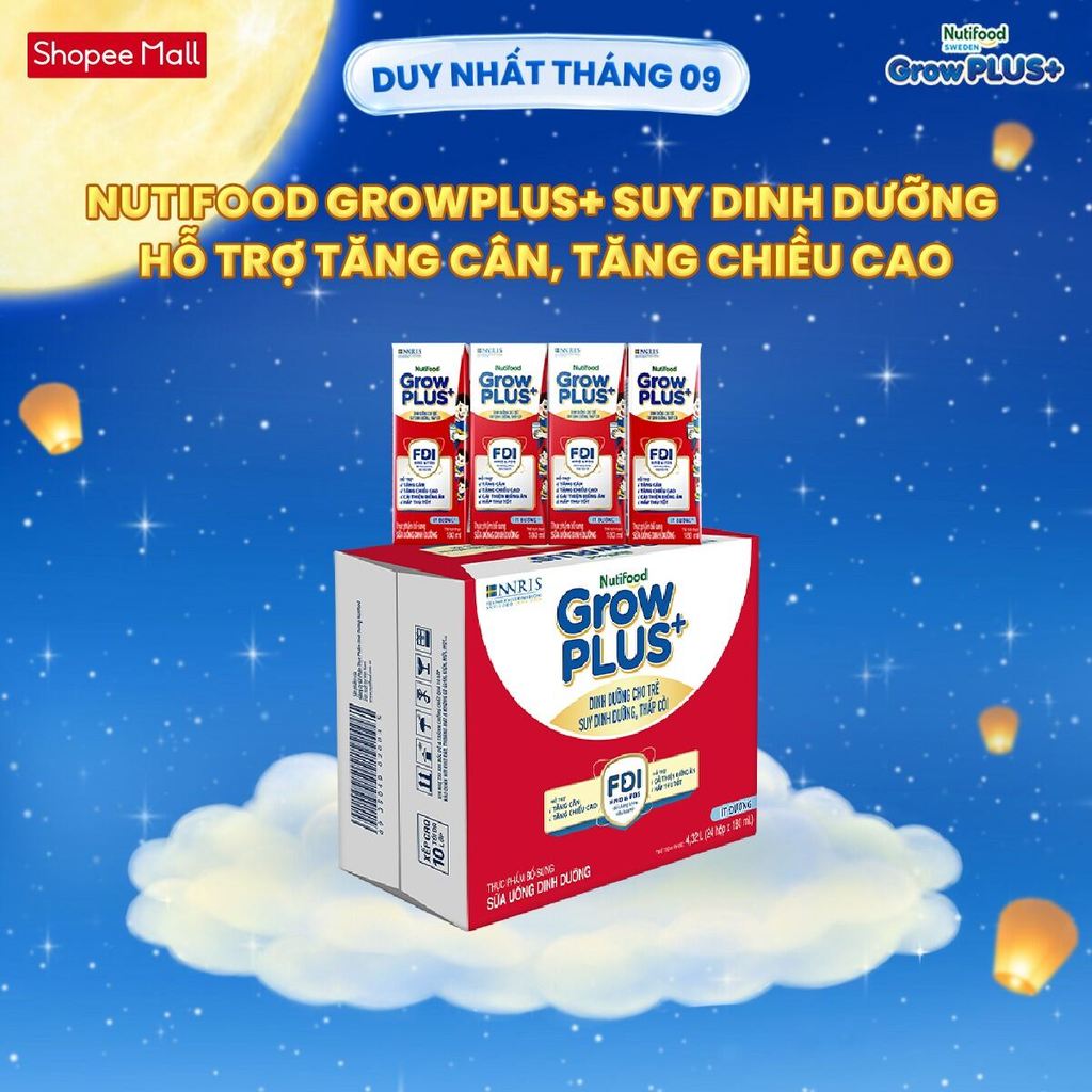 Thùng 24 hộp SBPS Nutifood GrowPLUS+ Suy Dinh Dưỡng (Đỏ) Ít đường 180ml - Tăng Cân, Tăng Chiều Cao (Bao bì tùy lô hàng)
