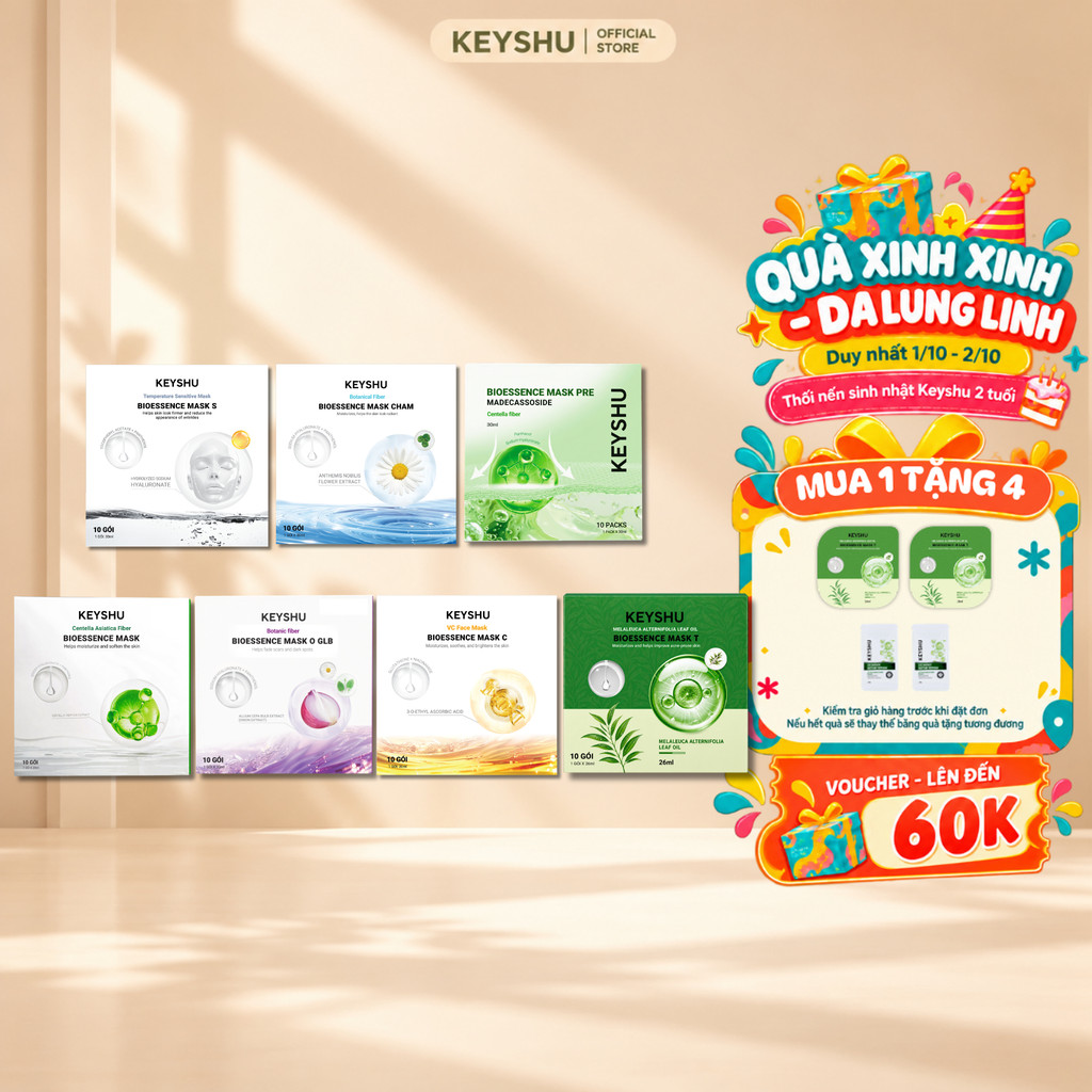 [TẶNG 2 MIẾNG] 1 Hộp Mặt Nạ KEYSHU 10 Miếng 30ML Dưỡng Ẩm, Làm Sáng Da, Hỗ Trợ Ngăn Ngừa Lão Hóa