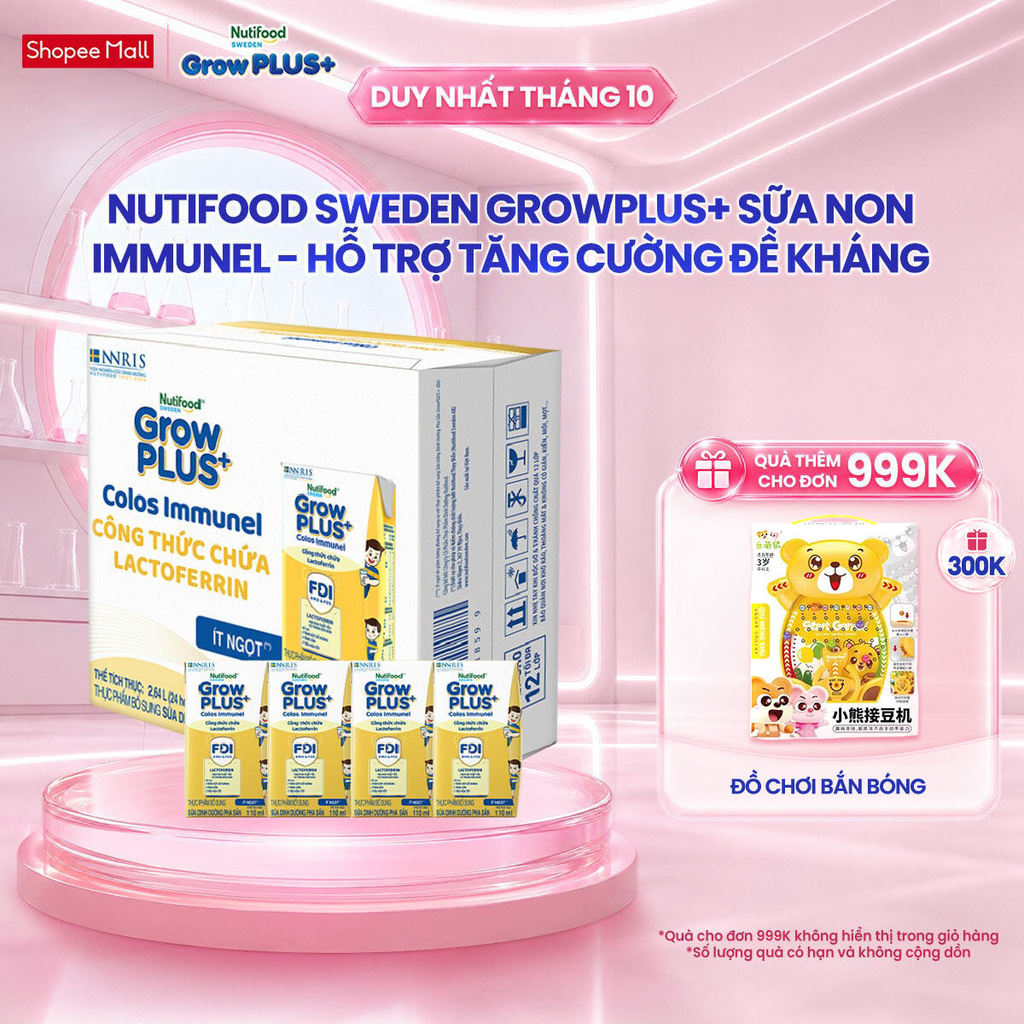 Thùng 24 hộp Sữa Bột Pha Sẵn Nutifood Sweden GrowPLUS+ Sữa Non Immunel (24 hộp x 110 ml) (Bao bì tuỳ lô hàng)