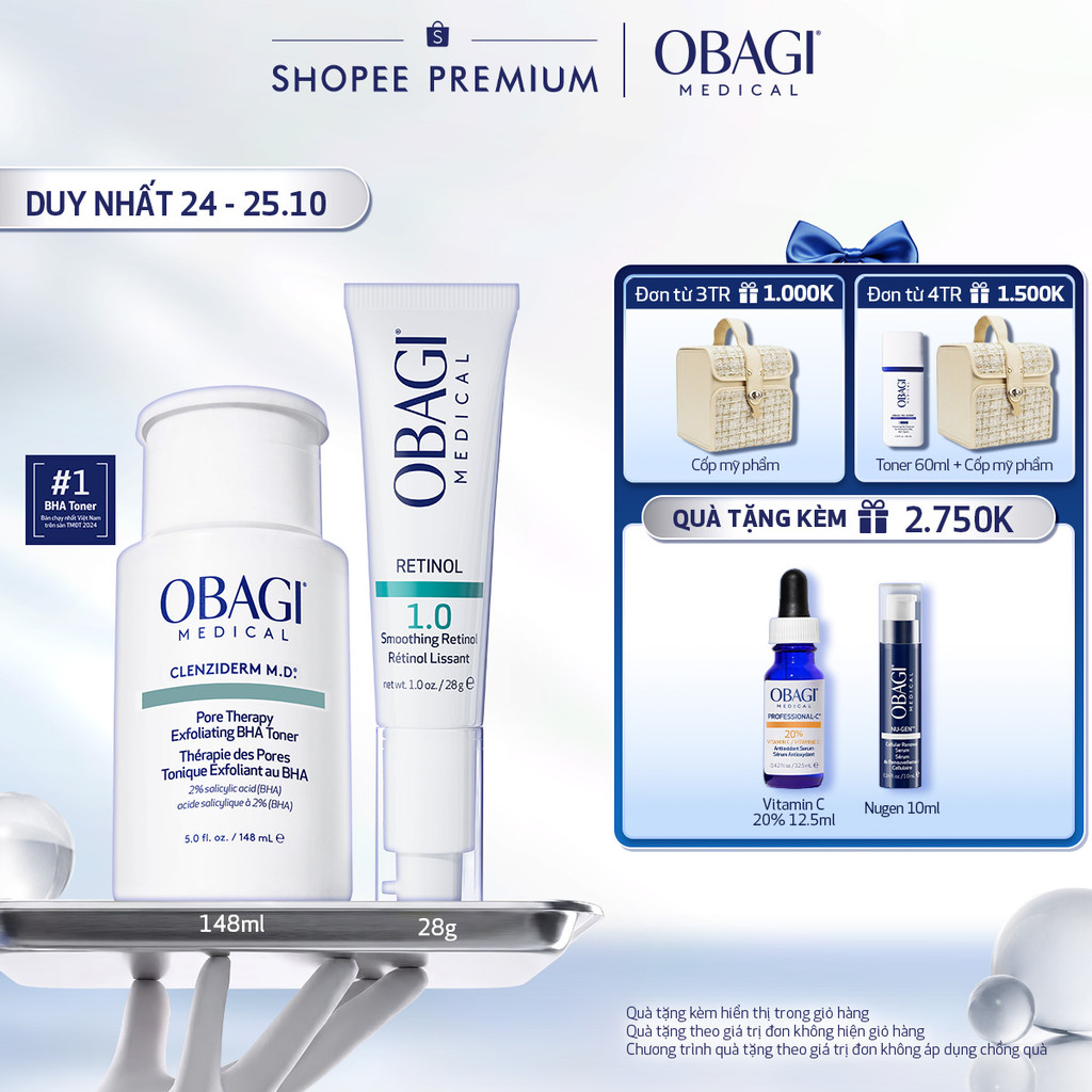 Bộ đôi dưỡng da Toner BHA Giảm Mụn Obagi Clenziderm M.D 148ml và Kem Dưỡng Đêm Obagi Retinol 1.0 (28g)
