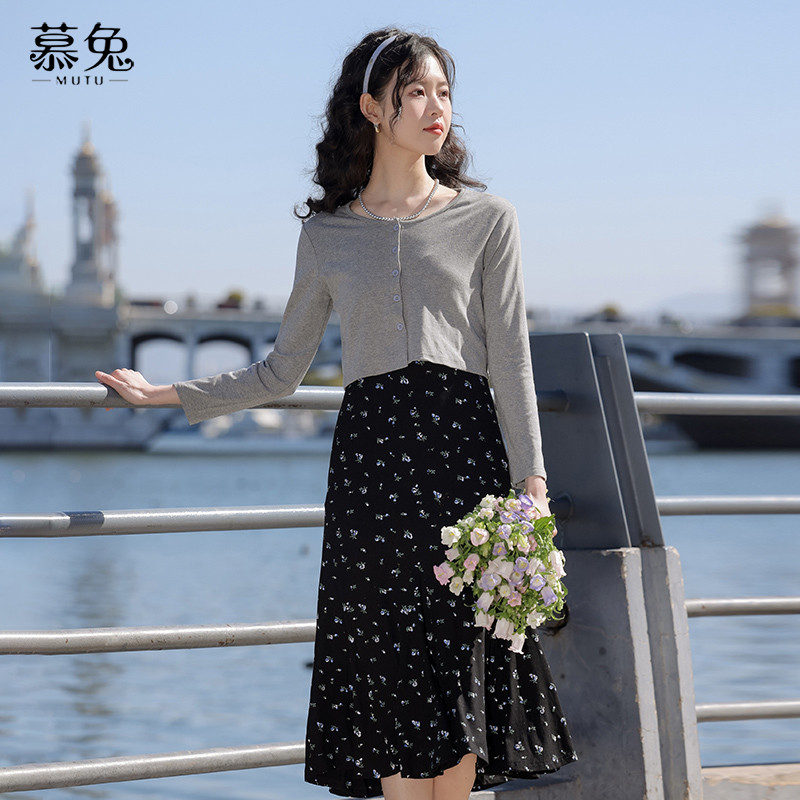 Mutu Đầm Two-Piece Mori Girl Hoa Pháp Mùa Xuân, Cardigan Dệt Kim Màu Xám