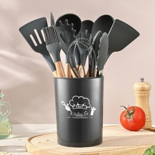 Bộ Dụng Cụ Nấu Ăn Bằng Silicone Cán Gỗ Kitchen Set Cao Cấp - Chất Liệu Tuyệt Đối - Chịu Nhiệt Chống Dính