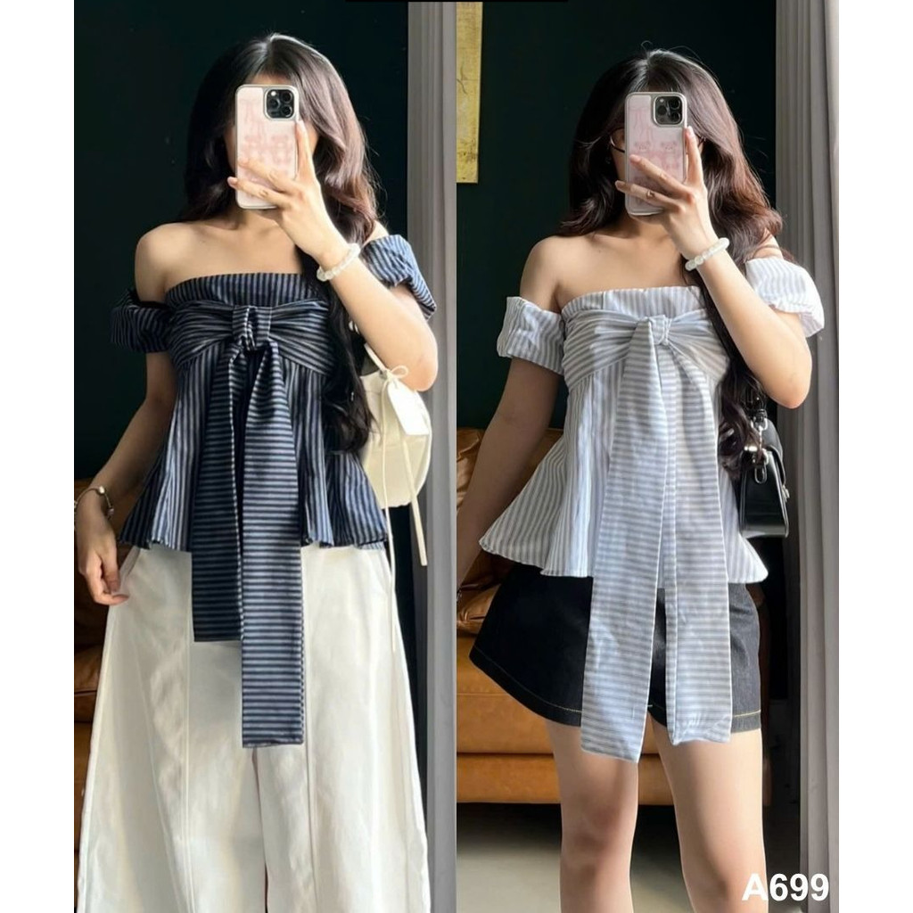 Áo kẻ trễ vai thắt dây ngực chiết eo tay bo chun mặc được nhiều kiểu (có cúc tháo rời) IVORY TOP_A699