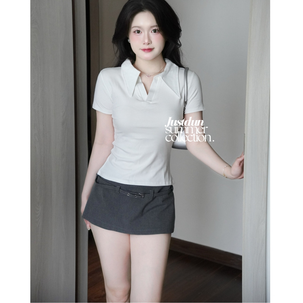 Áo thun nữ cổ sơ mi cotton mịn form ôm phong cách Polo JUSTDUN E21