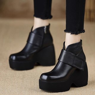 Giày Bốt Ngắn Nữ Ngón Tròn Dày Gót Chống Thấm Nước Nền Tảng Velcro Bên Dây Kéo Thời Trang