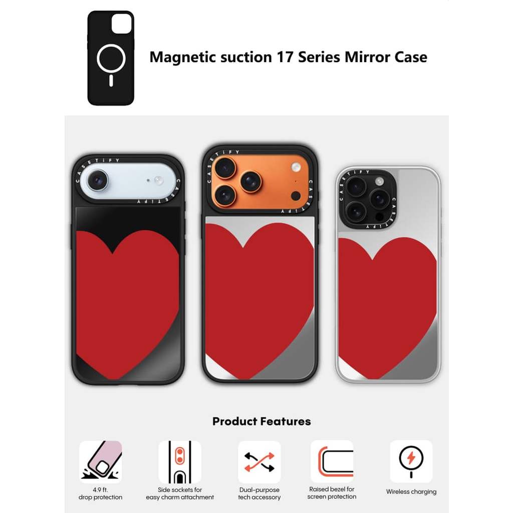 CASECASE X Big Red Love Case Black & Sliver Mirror Vỏ iPhone hút từ tính cho iPhone 17 Air 16 15 14 13 12 Pro Max Plus Ốp lưng cứng có hộp khắc logo