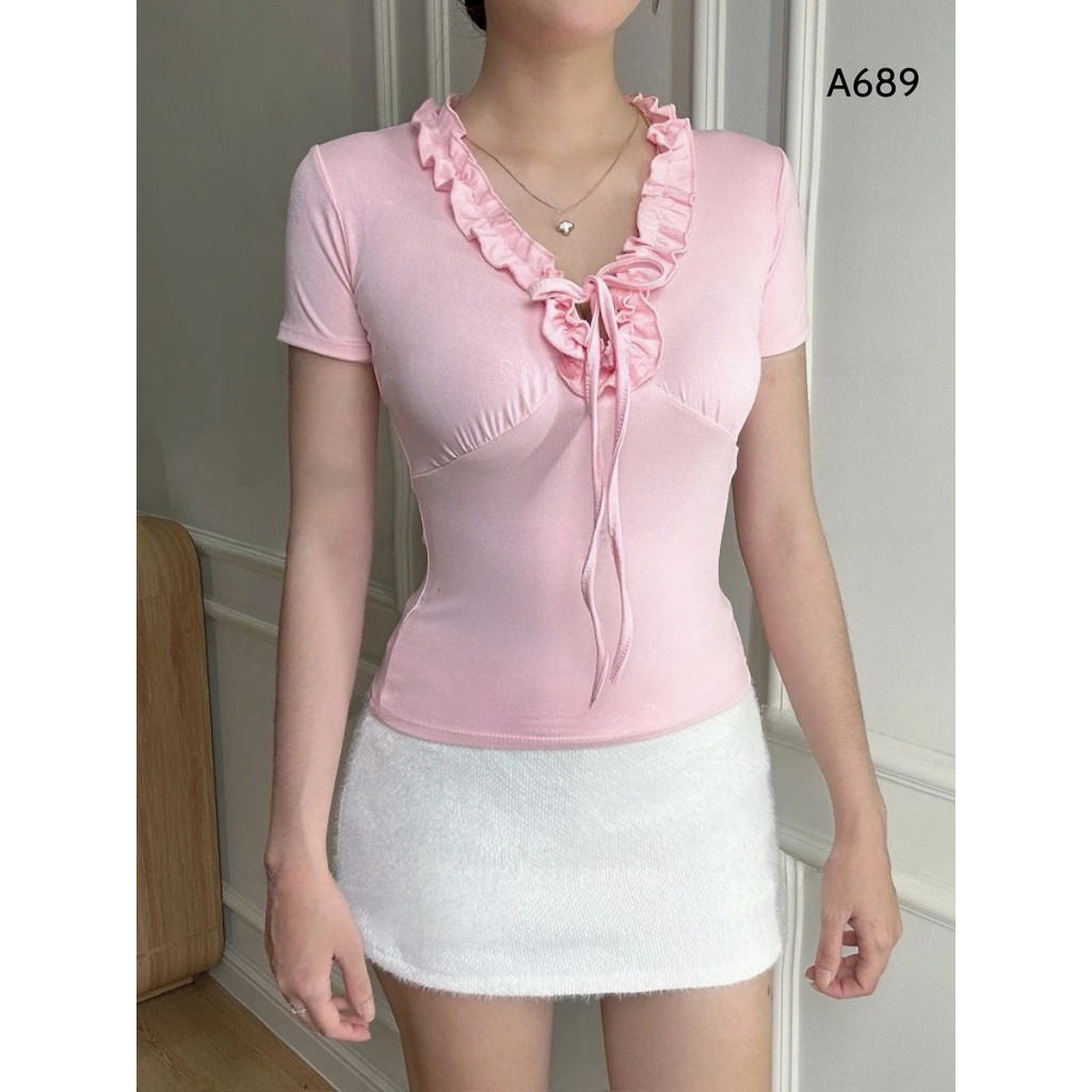 Áo Thun Nữ Cổ V Nhún Bèo Thắt Nơ Chất Cotton Mịn Ôm Body, Tôn Dáng Xinh Xắn_A689 -Sammi
