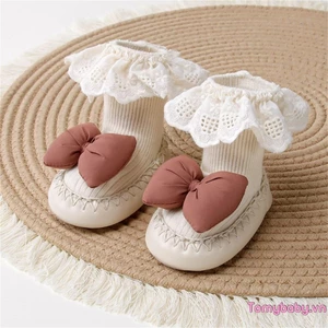 Giày Dệt Kim Cho Bé Nơ Dễ Thương Ren Trang Trí Đế Mềm Đầu Tiên Đi Bộ Thoải Mái Trong Nhà Booties