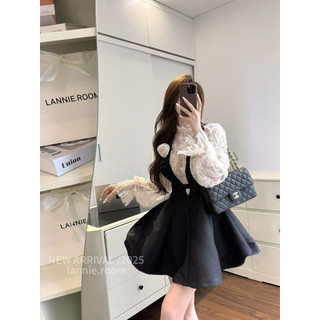 Váy Đầm 2 Món Áo Ren Cổ Bèo Mix Váy Yếm Xoè Lannie, Váy Yếm Tacta Xoè Dáng Ngắn Mix Áo Ren Tay Dài [Sẵn]