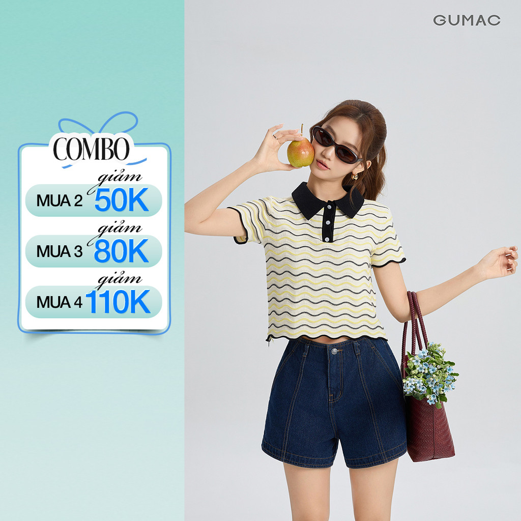 Áo Polo Nữ GUMAC Form Suông Lửng Họa Tiết Vân Sóng Cá Tính Thời Trang APG04039
