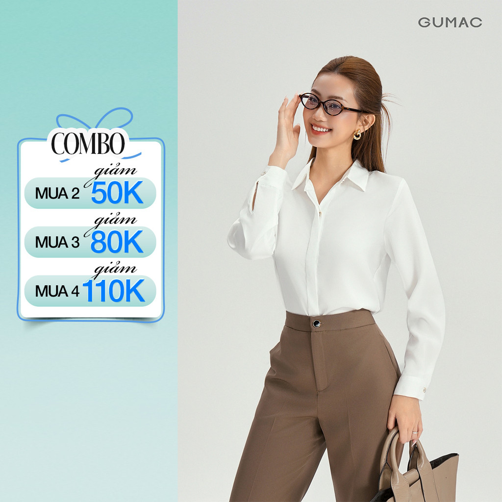 Áo Sơ Mi Nữ Tay Dài GUMAC Áo Kiểu Công Sở Lụa Trơn Basic Cơ Bản Nẹp Đôi Giấu Nút BAE00003