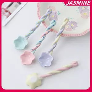 JASMINE 1 Gốm Tay Cầm Dài Thìa Dễ Thương Kem Vẽ Tay Món Tráng Miệng Thìa Tay Cầm Dài Bộ Đồ Ăn Nhà Bếp Phụ Kiện JASMINE