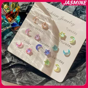 JASMINE Fantic Fairy Đầy Màu Sắc Ngôi Sao Mặt Trăng Bông Tai Bộ Nữ Y2K Hồng Tím Trong Suốt Dễ Thương Bông Tai Trang Sức Quà Tặng JASMINE