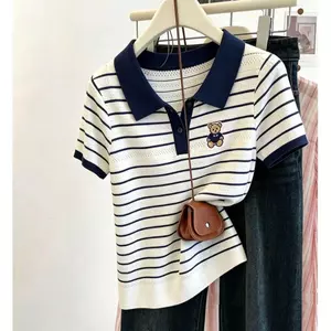 Áo thun ngắn tay cổ POLO thêu màu tương phản 40-100kg Áo thun nữ mùa hè phong cách mỏng vai trước băng lụa