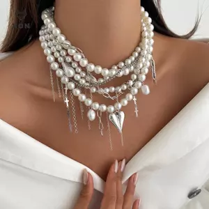 Thanh Lịch Nhiều Lớp Giả Ngọc Trai Choker Nelace Dành Cho Nữ Vintage Sáng Tạo sel Mặt Dây Chuyền Nelace Trang Sức Cưới [Mina]