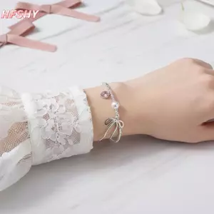 HFSHY Lãng Mạn Hồng Pha Lê Trái Tim Mặt Dây Chuyền Lắc Tay Cho Nữ Màu Bạc Nhỏ Vuông Hạt Nơ Vòng Tay Người Bạn Tốt Món Quà Trang Sức VN