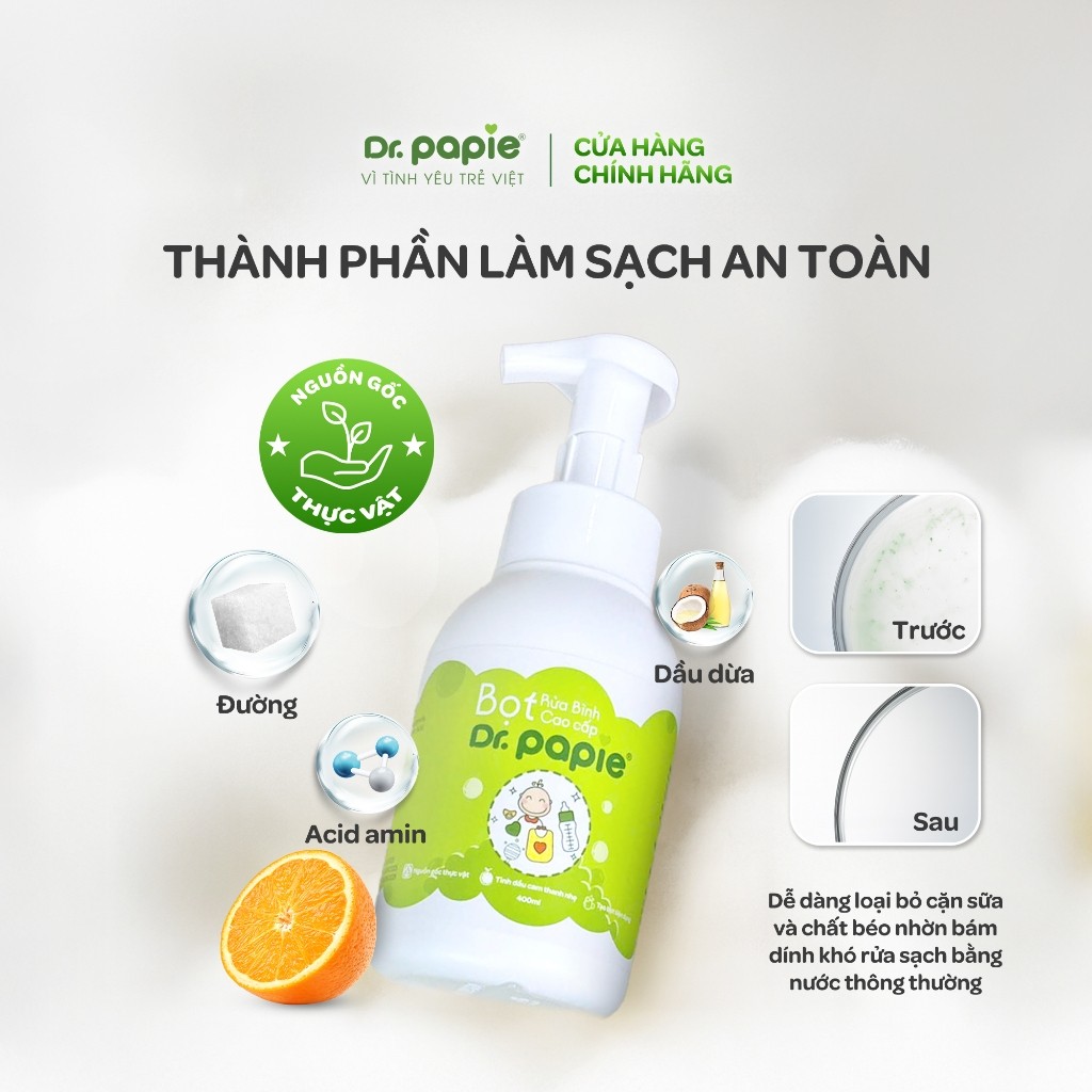 Bọt Rửa Bình Thảo Dược Khử Mùi Loại Bỏ Cặn Sữa Làm Mềm Mại Da Tay Dr.Papie (400ml/chai)