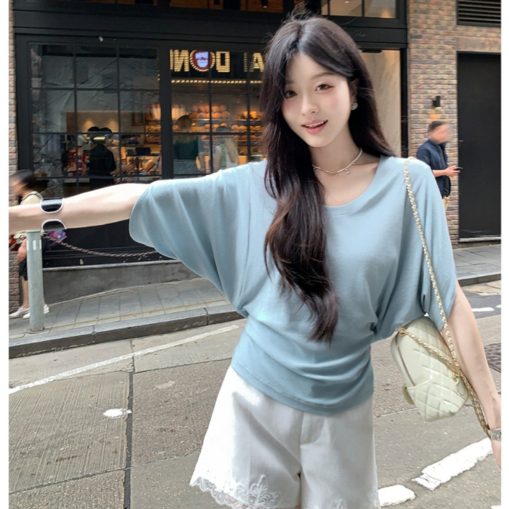 Áo thun Cotton rộng rãi dành cho nữ BH có tay áo cổ chữ U và cánh dơi và đóng lưng có độ đàn hồi cao