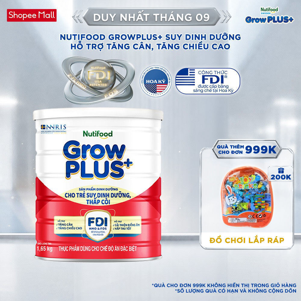 Sữa bột Nutifood GrowPLUS+ Suy Dinh Dưỡng (Đỏ) 1+ - Tăng Cân, Tăng Chiều Cao (Lon 1,65 Kg)