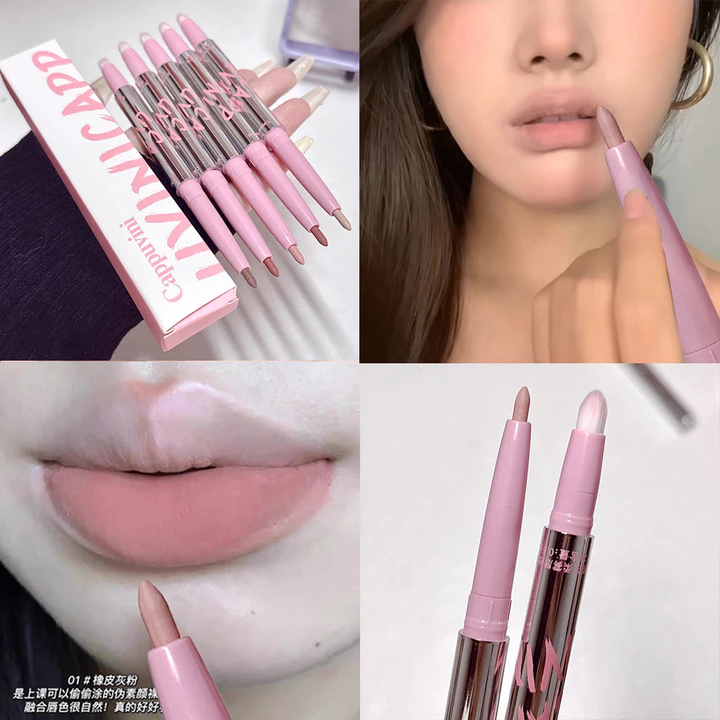 Cappuvini Bàn Chải Môi Hai Đầu Ống Bạc Nhỏ Son Lót Môi Phác Thảo Hình Dạng Môi Định Hình Son Môi Khỏa Thân Son Môi Bút Chì Son Môi