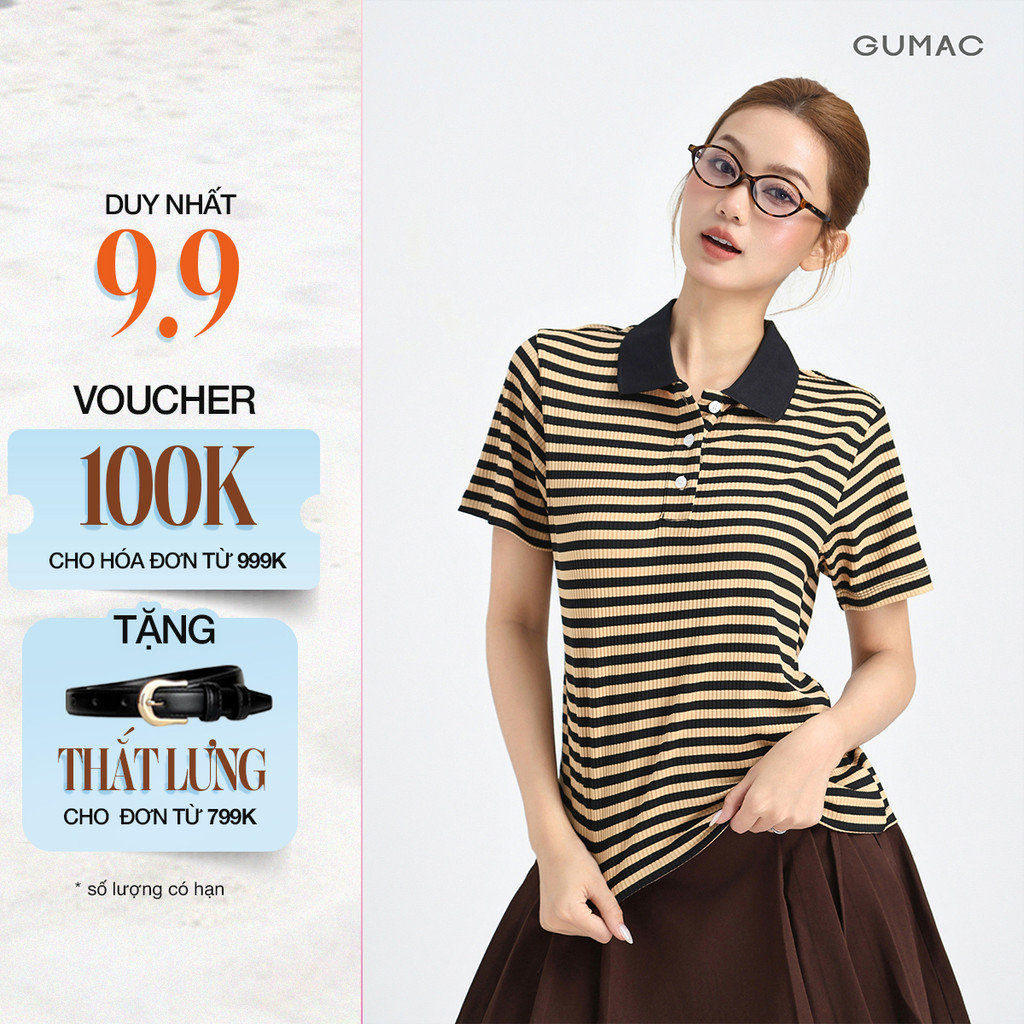 Áo Polo Nữ GUMAC Áo Thun Có Cổ Kẻ Sọc Ngang Chất Thun Gân Co Giãn Tay Ngắn Trẻ Trung LPLF1103