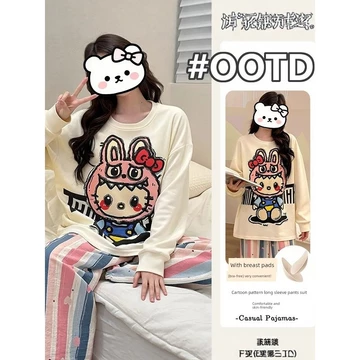 set thu đông nữ bộ đồ ngủ nữ dài tay Đồ ngủ có đệm ngực đồ mặc nhà dài tay hoạt hình dễ thương cho nữ mùa xuân thu bộ đồ liền một kiểu mỏng cho nữ mùa hè đông