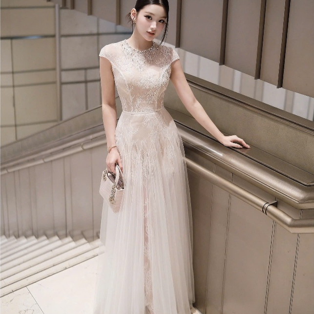 Đầm Dạ Hội Ren Tay Con Kết Đá Cổ Phối Voan Dài Sang Trọng – Váy Dự Tiệc Cao Cấp Tiểu Thư Quyến Rũ Thanh Lịch
