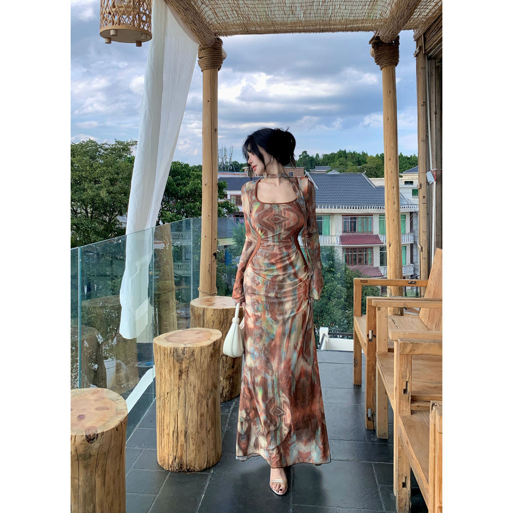 Pháp Tranh Sơn Dầu Phong Cách Gạc Dài Tay Đầm Nữ Thiết Kế Cảm Thấy Streamer Hoàng Gia Em Gái Sang Trọng Slim-fit Nẹp