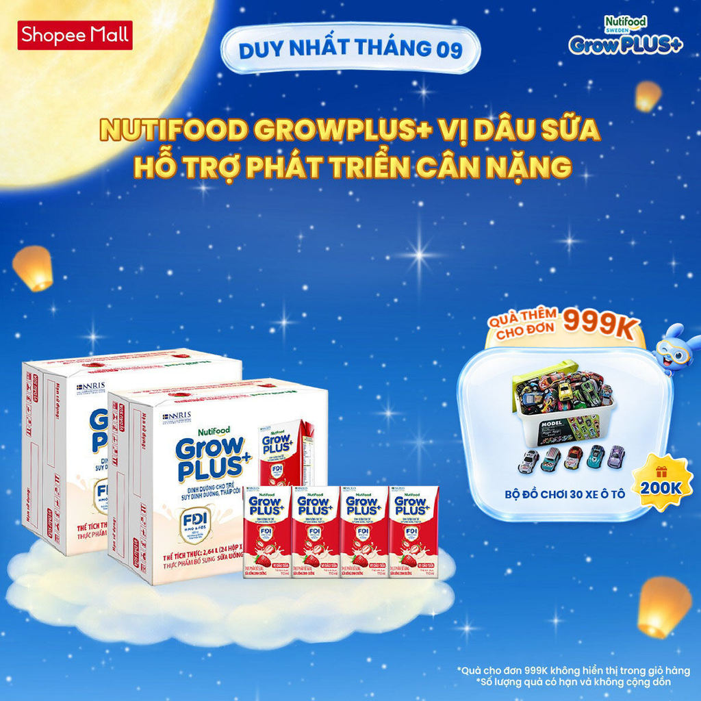 Combo 2 Thùng 24 hộp Sữa bột pha sẵn Nutifood GrowPLUS+ Vị Dâu Sữa hộp 110ml - Trên 1 tuổi