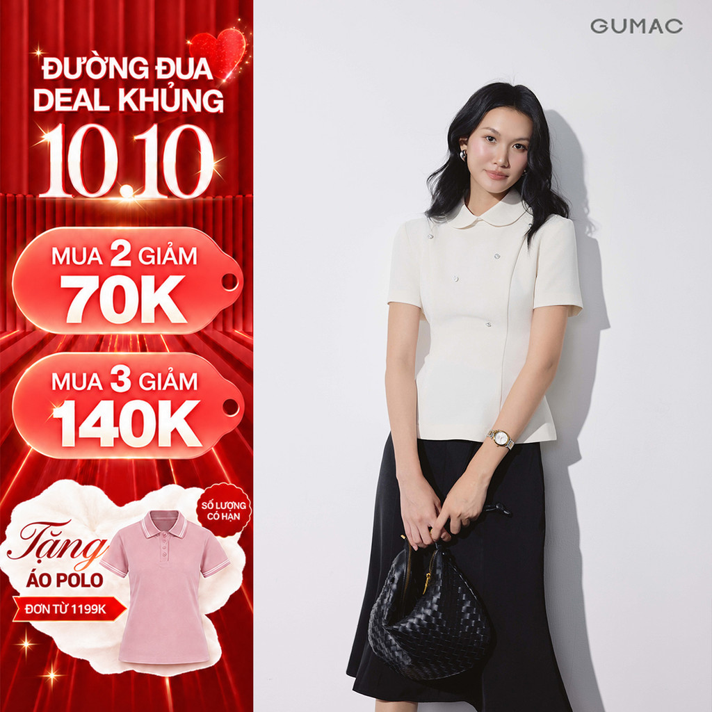 [VOUCHER 70K] Áo Kiểu Peplum Nữ GUMAC Tay Ngắn Cổ Sen Đính Nút Kiểu Dây Kéo Bigsize Thanh Lịch Công Sở LAG09083