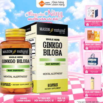Viên Uống Bổ Não Mason Natural Ginkgo Biloba Hỗ Trợ Tăng Cường Chức Năng Não Bộ, Cải Thiện Chí Nhớ 60v/h