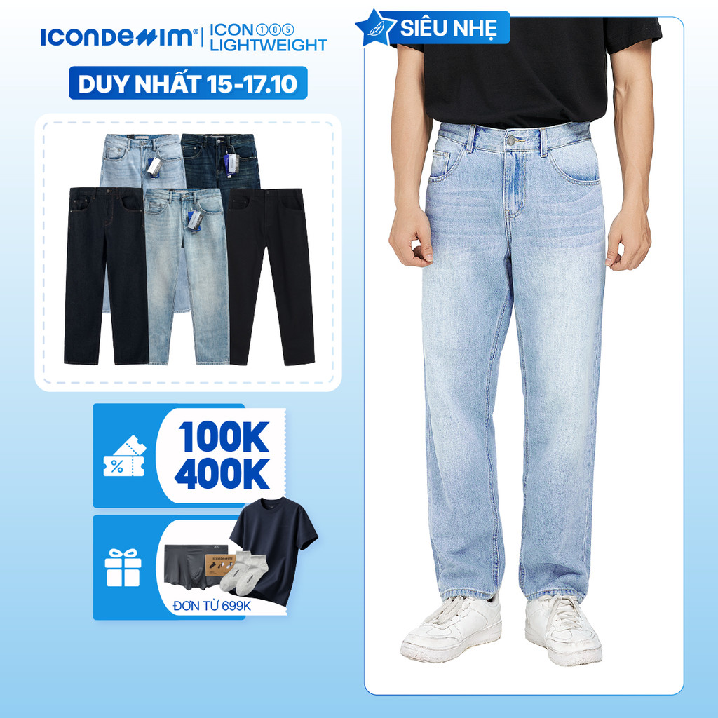 Quần jeans nam ICONDENIM, quần bò ống đứng, dáng suông, công nghệ Lightweight siêu nhẹ, chống nhăn tốt ICON105