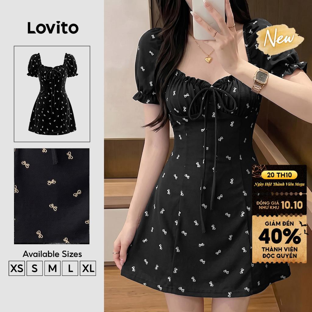 (New Arrival) Lovito Đầm nữ dáng chữ a ngắn Phong cách thường ngày thắt nơ phía trước viền gợn sóng màu đen trắng mặc cuối tuần mùa xuân hè DRK10P1D1028